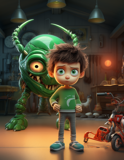 A boy looking nervous, as there is a giant, green, robotic looking bug behind him.