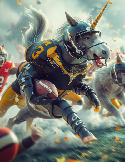 A unicorn running a football while surrounded by other animals playing American football as well.