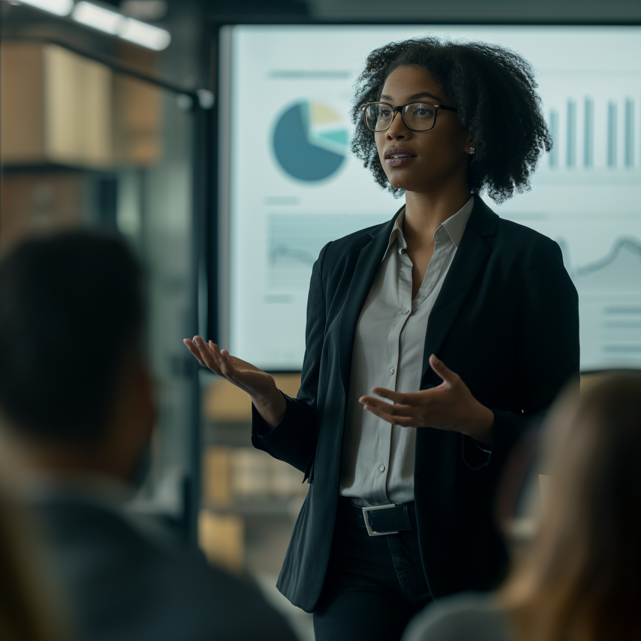 A business professional discussing findings with her colleagues.
